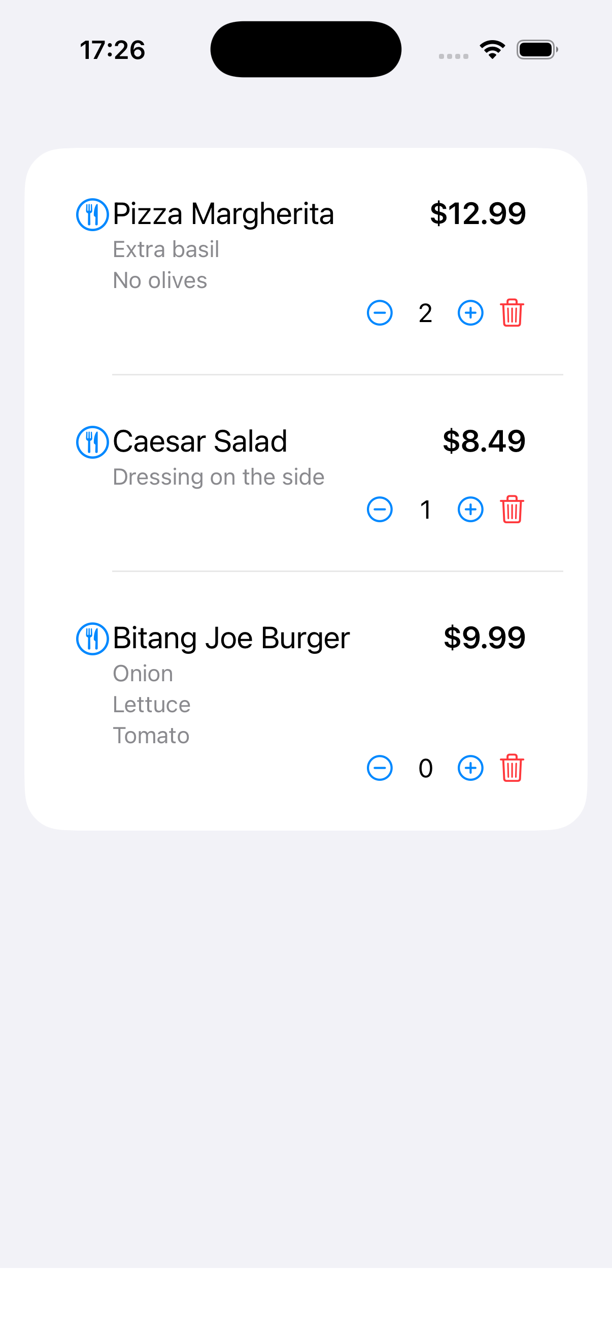 Simple food ordering app example